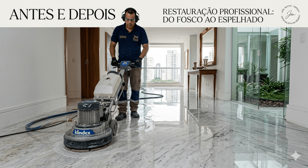 Seu piso de mármore está opaco ou riscado? Conheça as técnicas profissionais de polimento da JM Polimento para devolver a sofisticação e o espelhamento às suas pedras